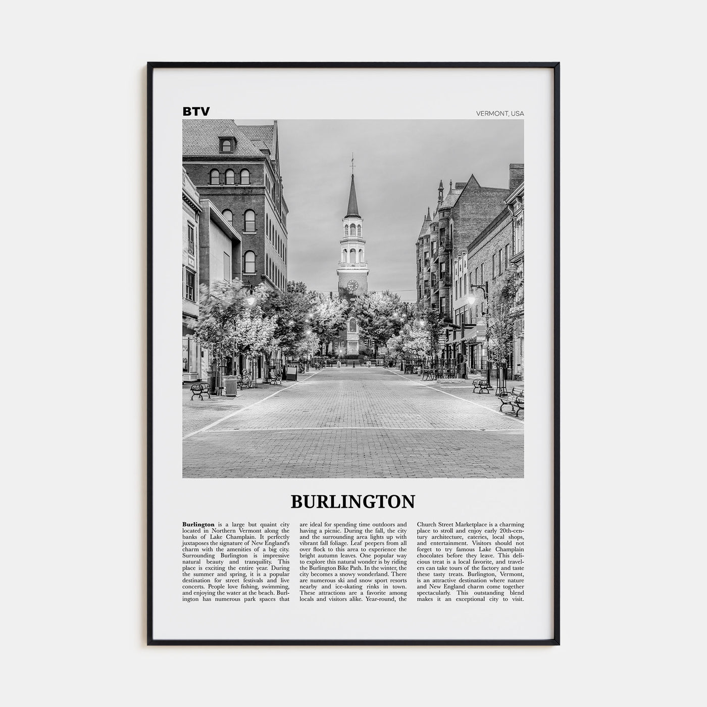 Burlington, Vermont Travel B&W Poster