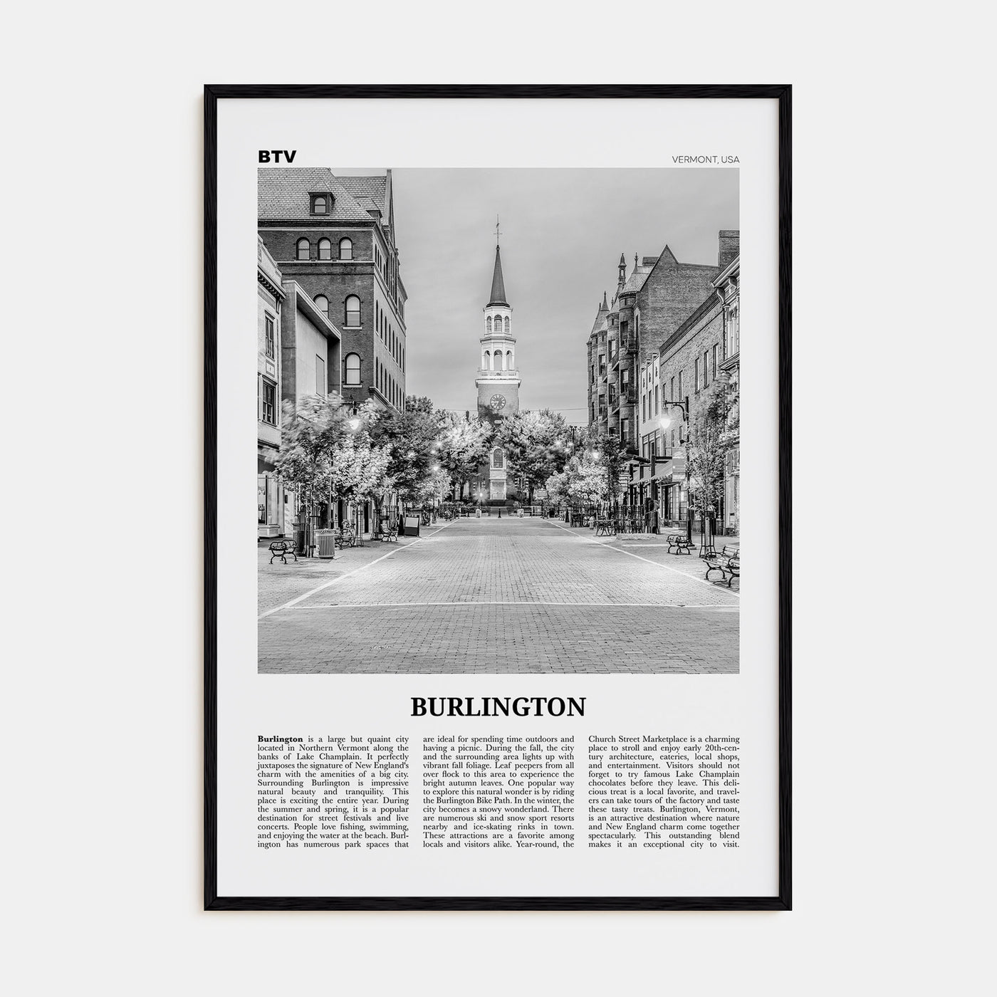 Burlington, Vermont Travel B&W Poster