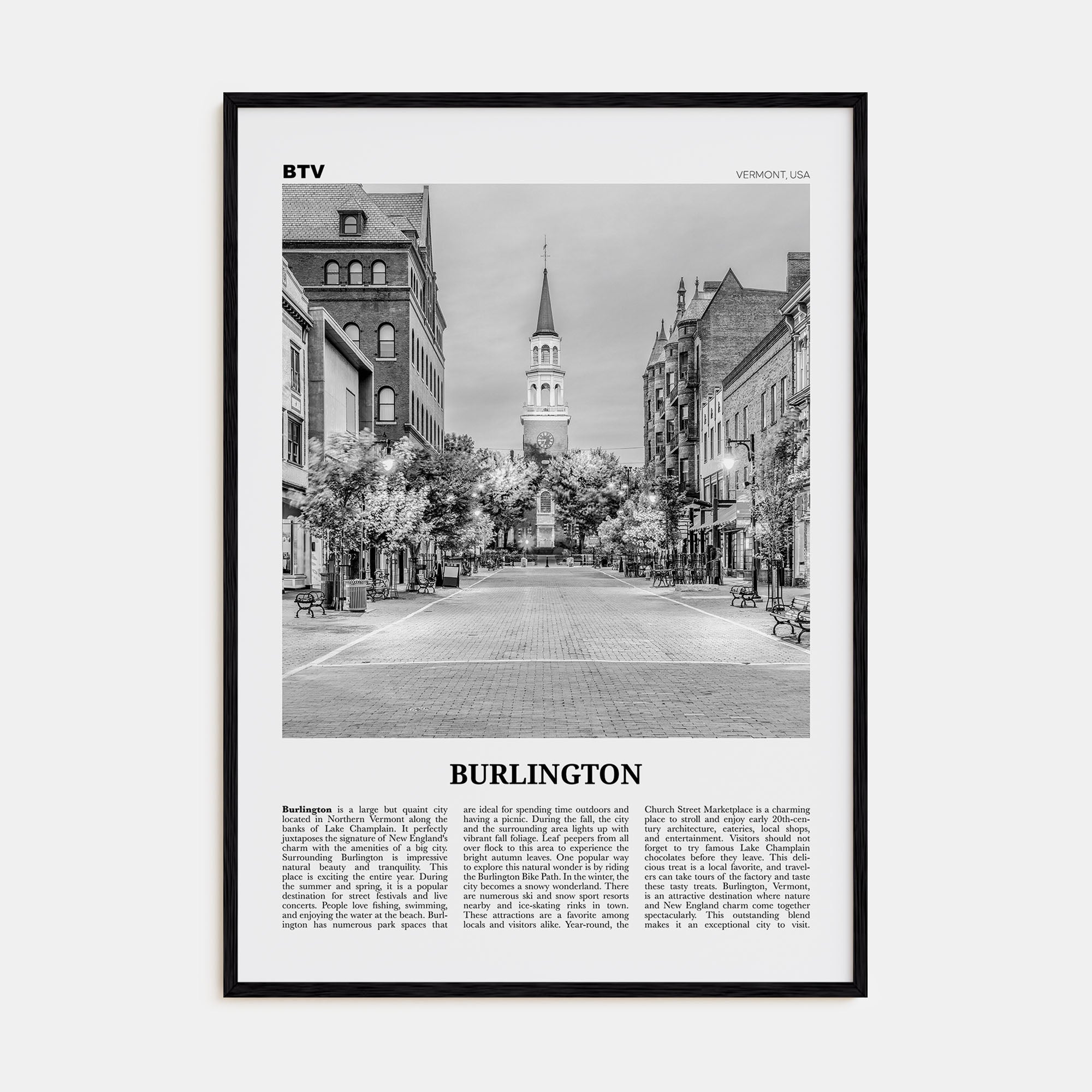 Burlington, Vermont Travel B&W Poster