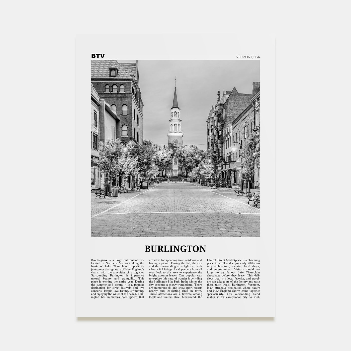 Burlington, Vermont Travel B&W Poster