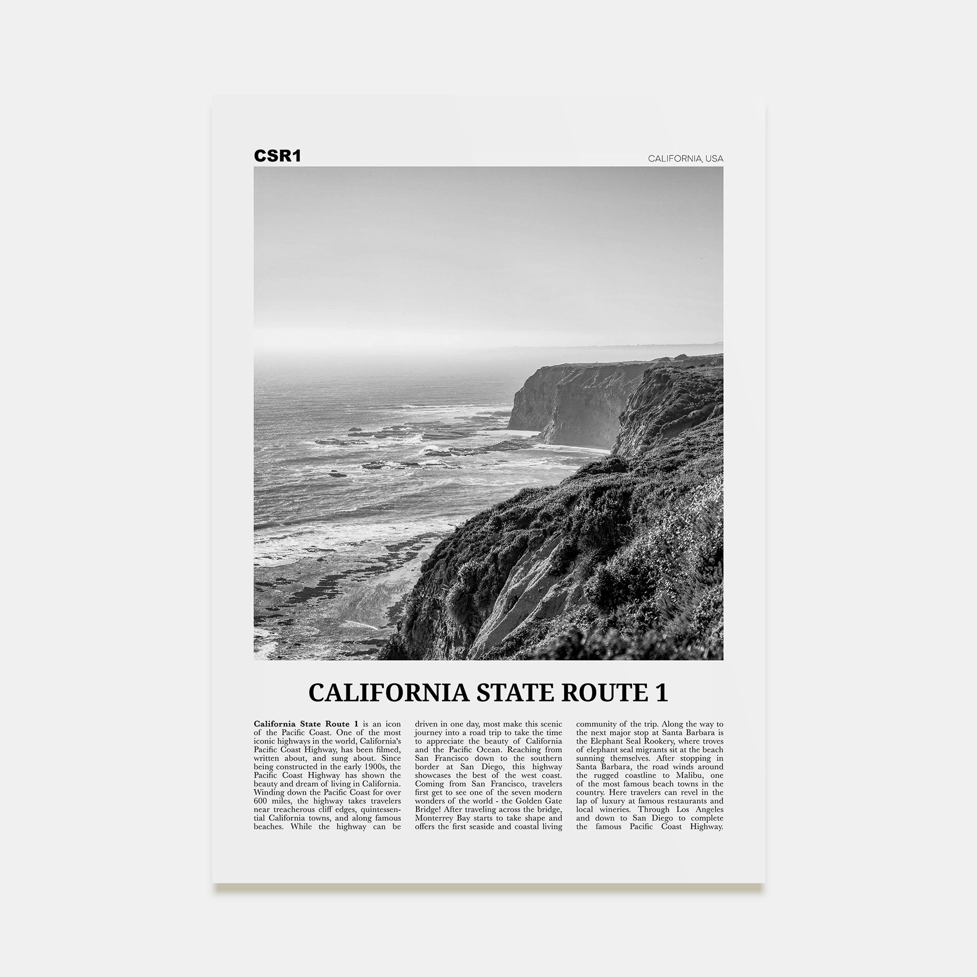 California State Route 1 Travel B&W Poster