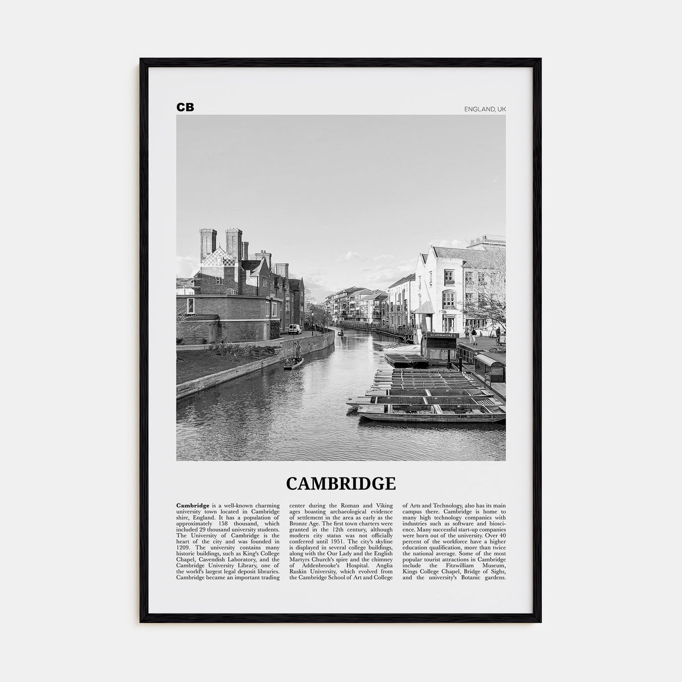 Cambridge, England Travel B&W Poster