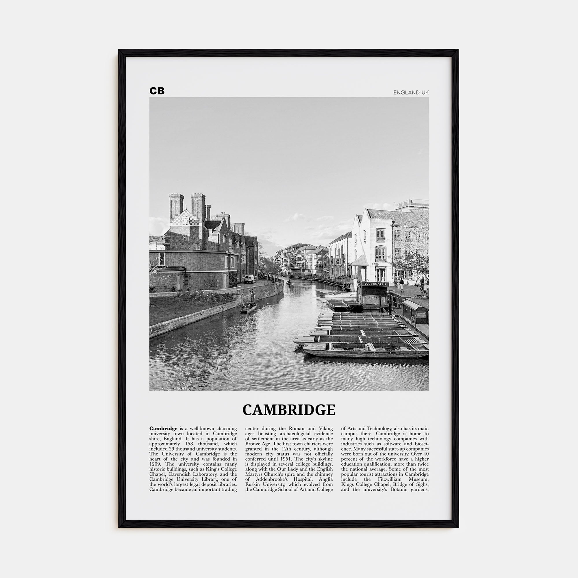Cambridge, England Travel B&W Poster