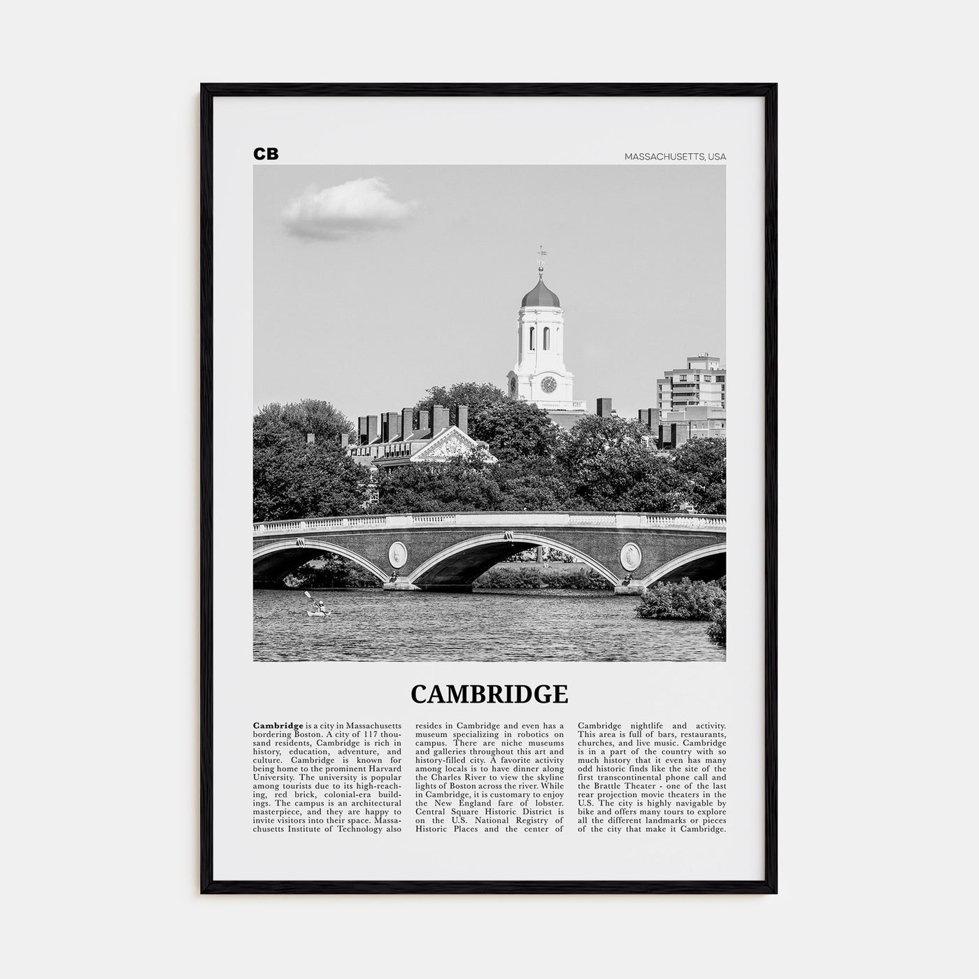 Cambridge, Massachusetts Travel B&W Poster