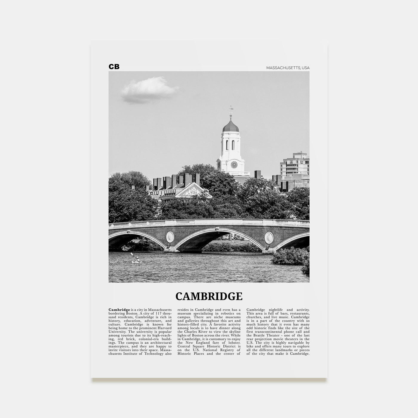Cambridge, Massachusetts Travel B&W Poster