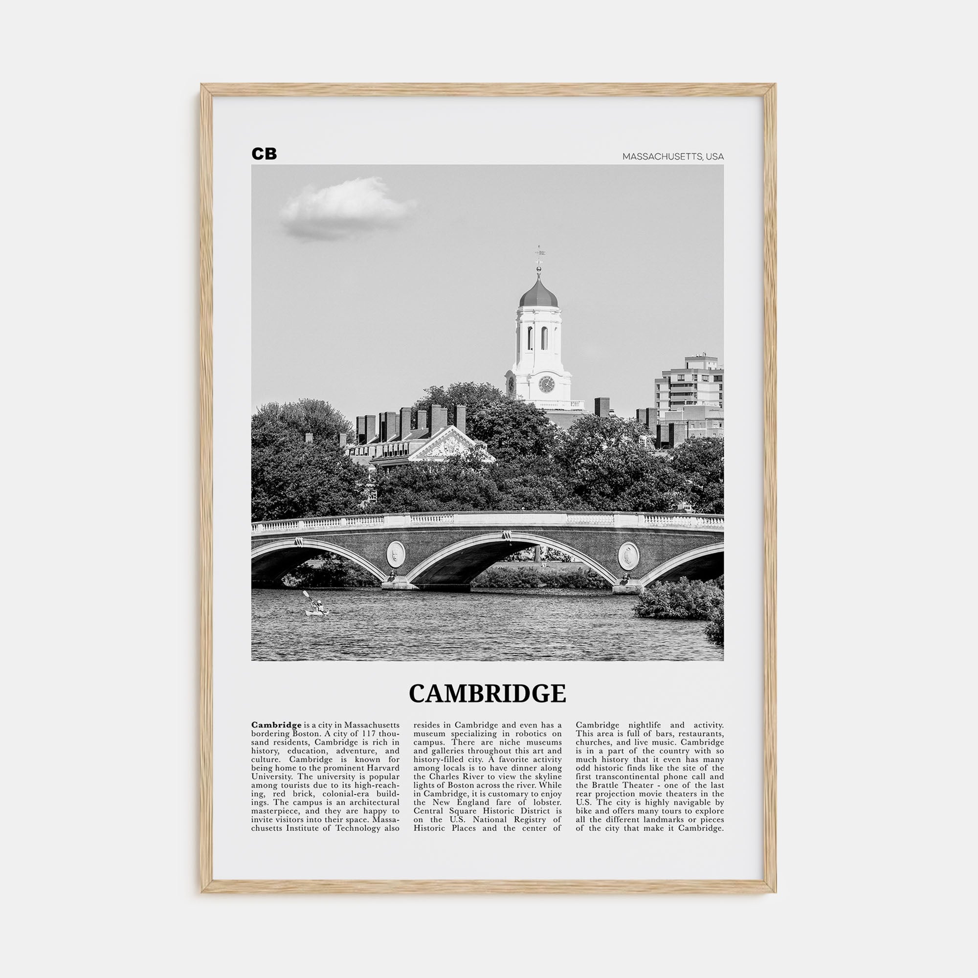 Cambridge, Massachusetts Travel B&W Poster