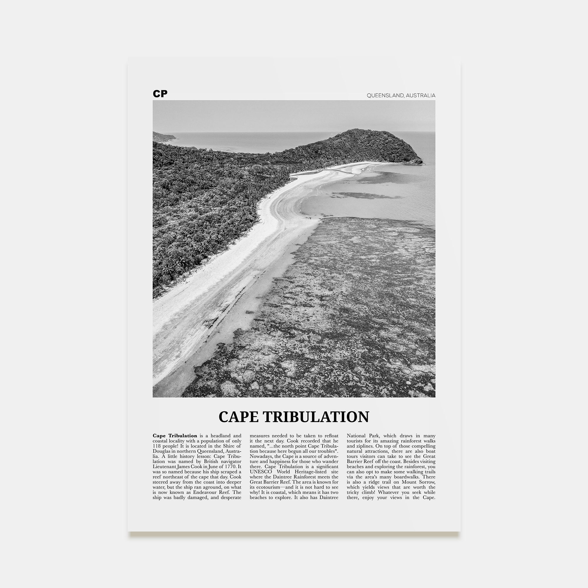 Cape Tribulation Travel B&W Poster