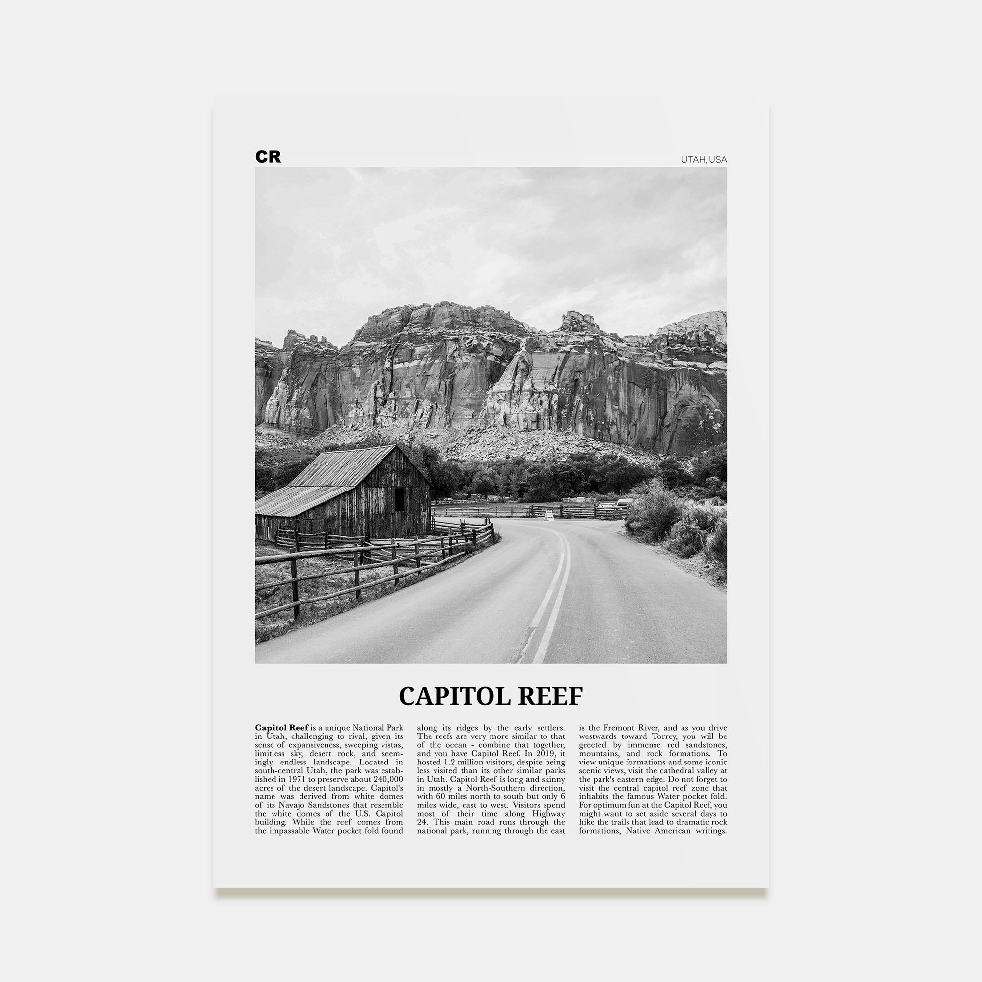 Capitol Reef National Park Travel B&W Poster