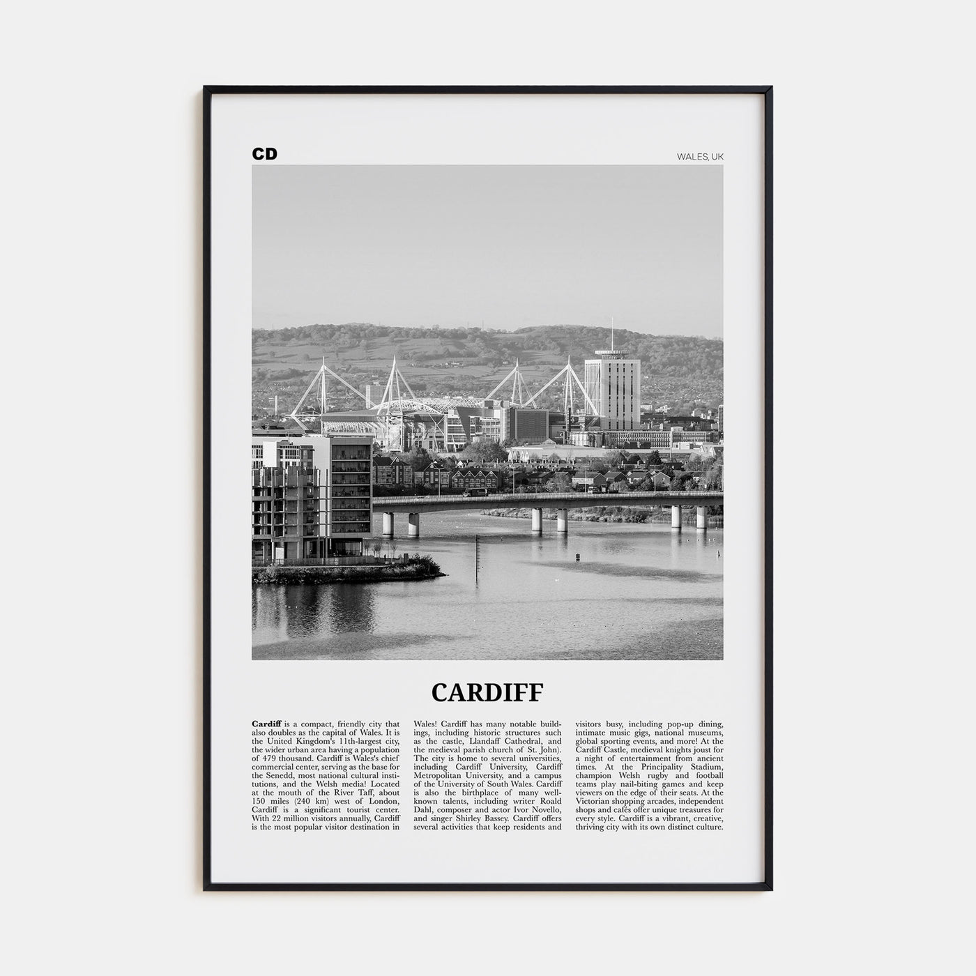 Cardiff Travel B&W Poster