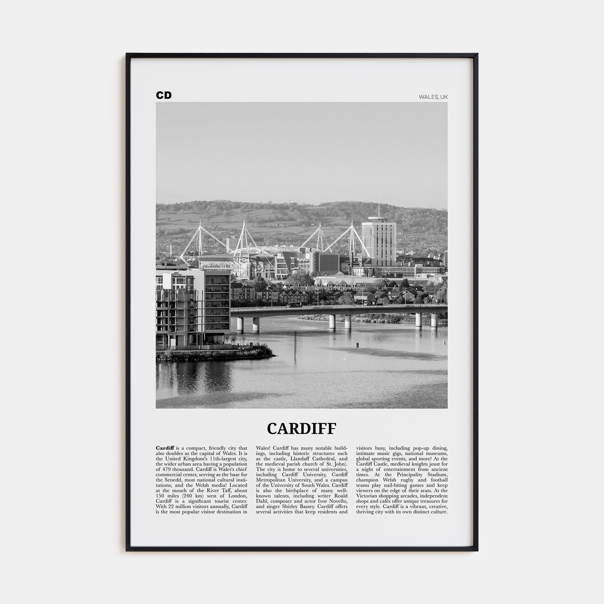 Cardiff Travel B&W Poster