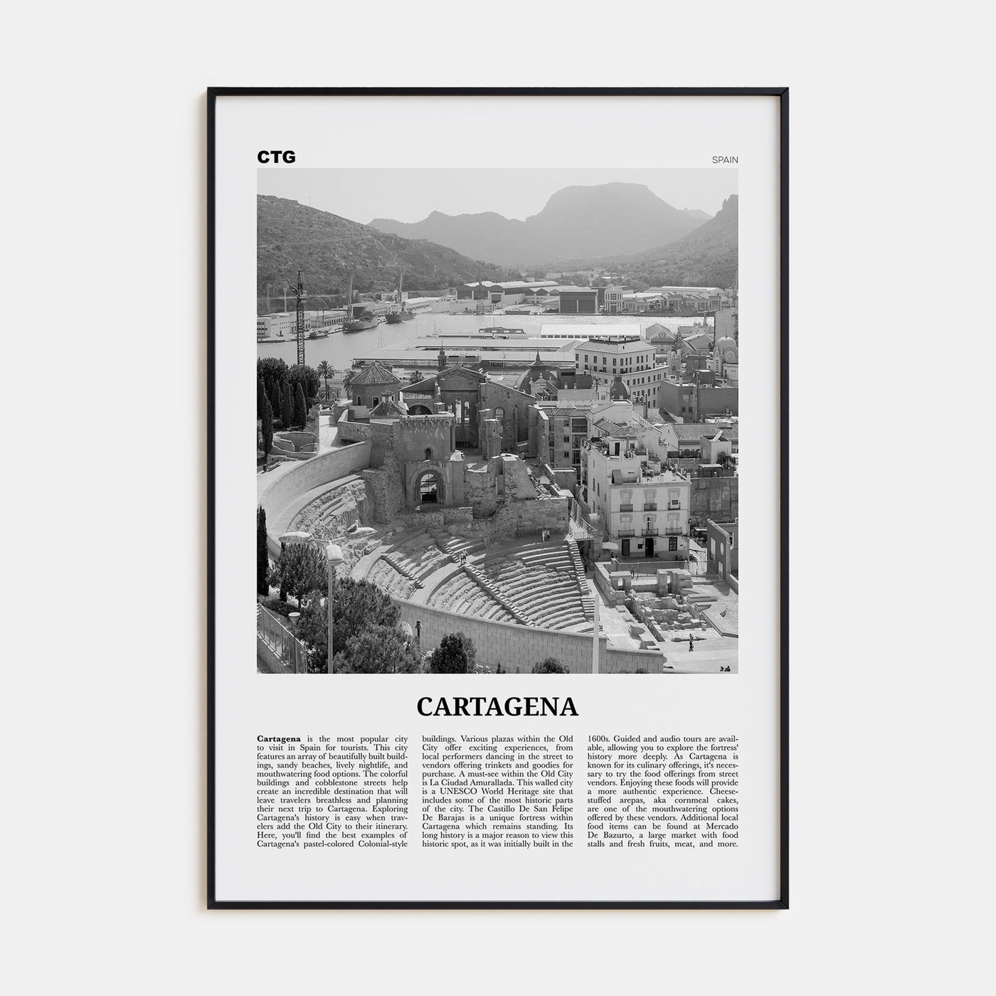 Cartagena, Spain Travel B&W Poster