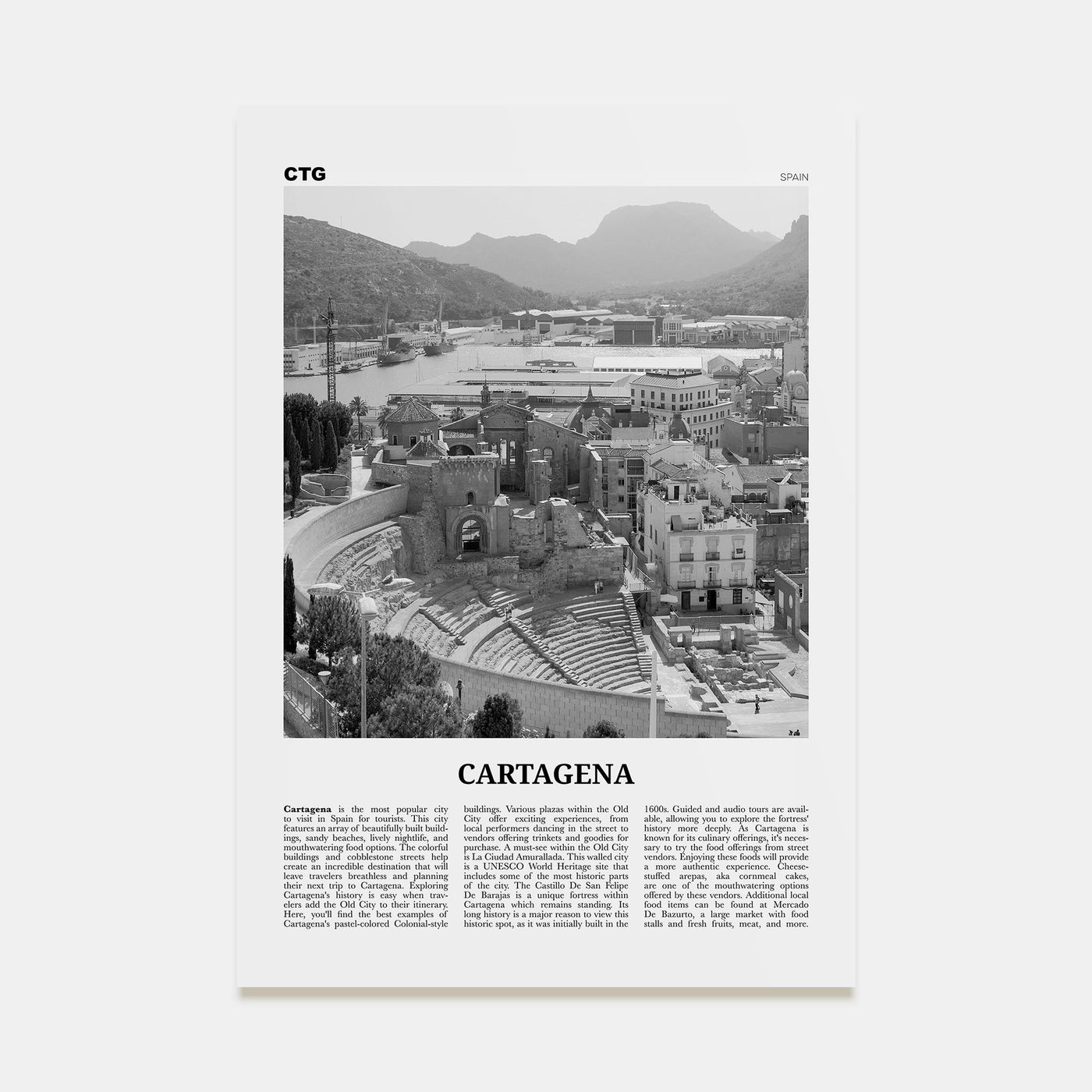 Cartagena, Spain Travel B&W Poster