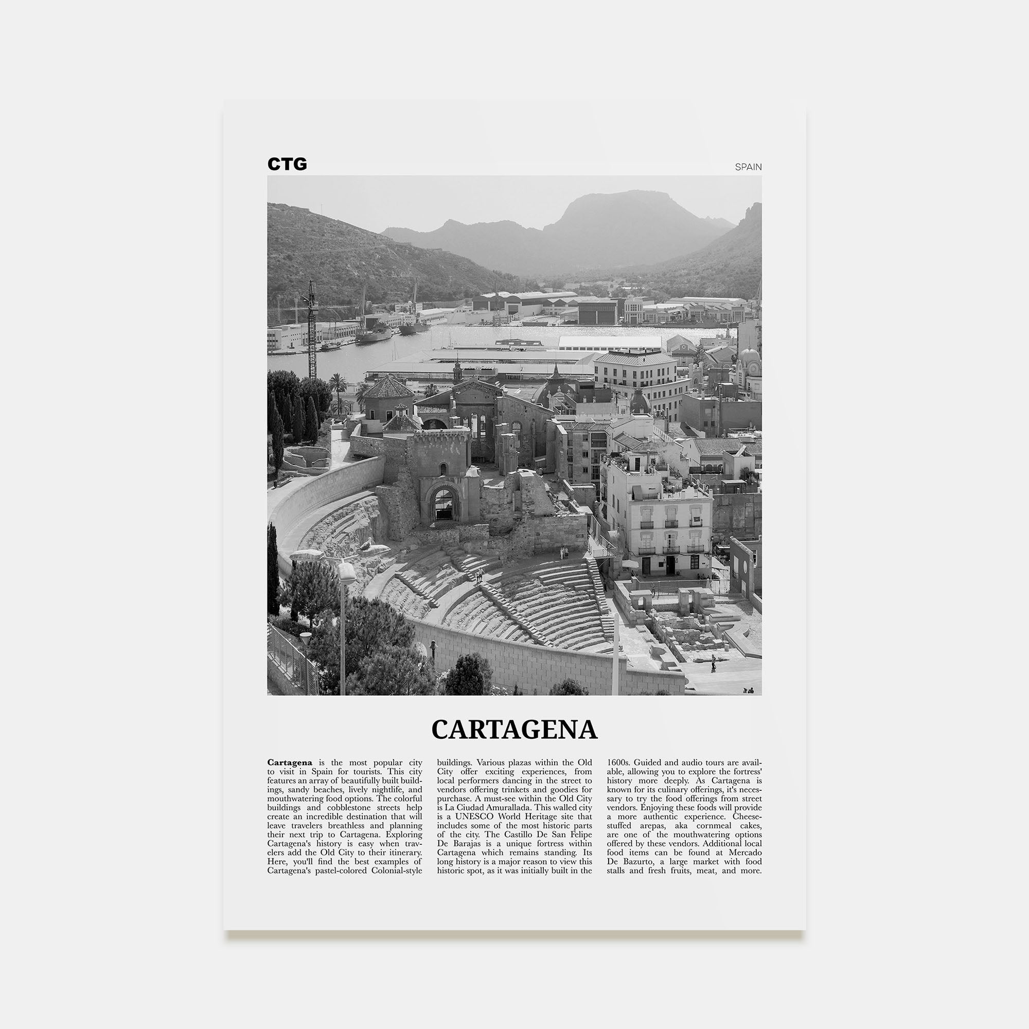Cartagena, Spain Travel B&W Poster