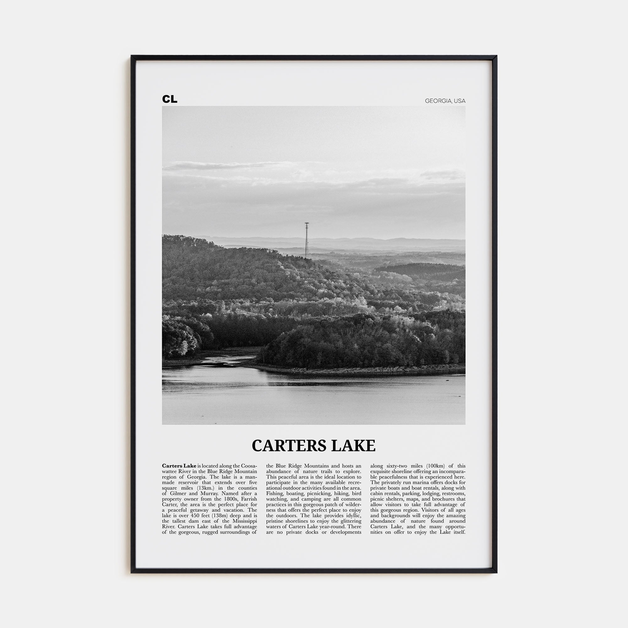 Carters Lake Travel B&W Poster