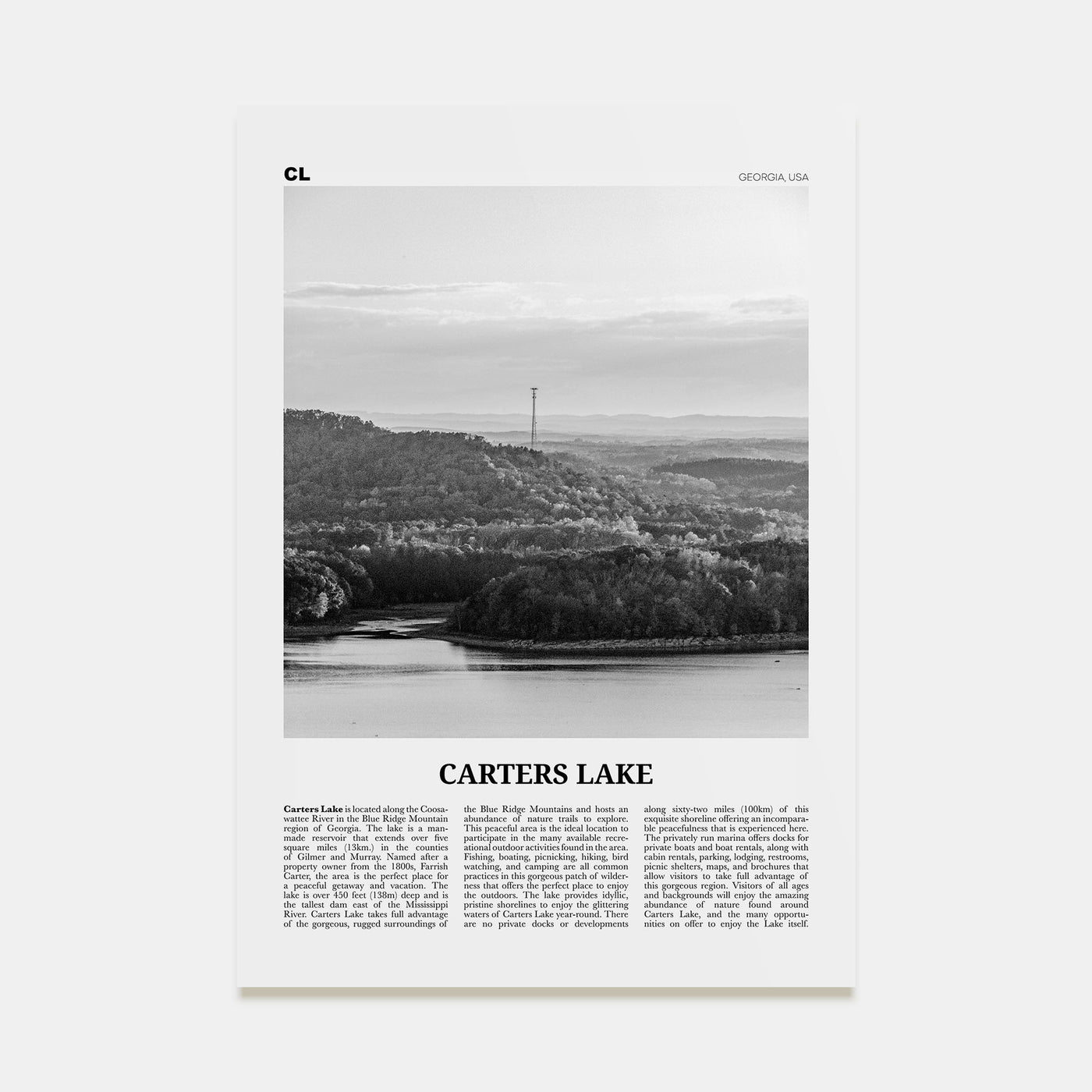 Carters Lake Travel B&W Poster