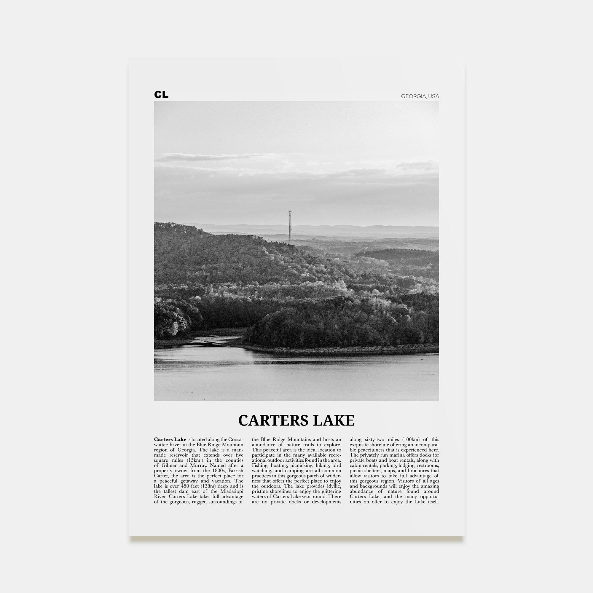 Carters Lake Travel B&W Poster