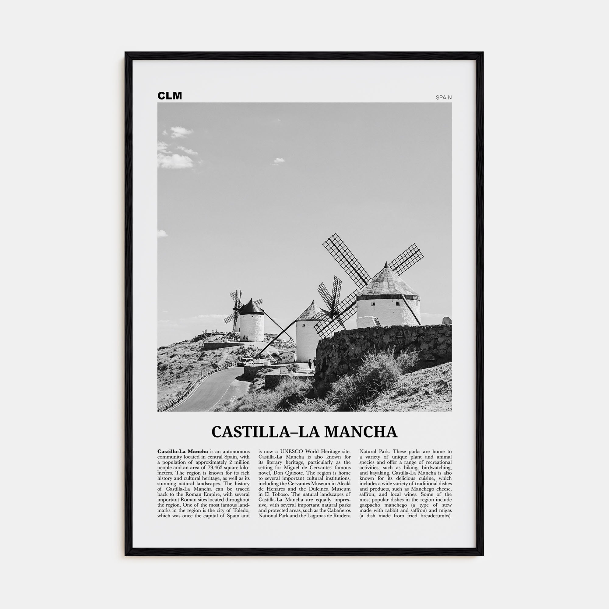 Castilla-La Mancha Travel B&W Poster