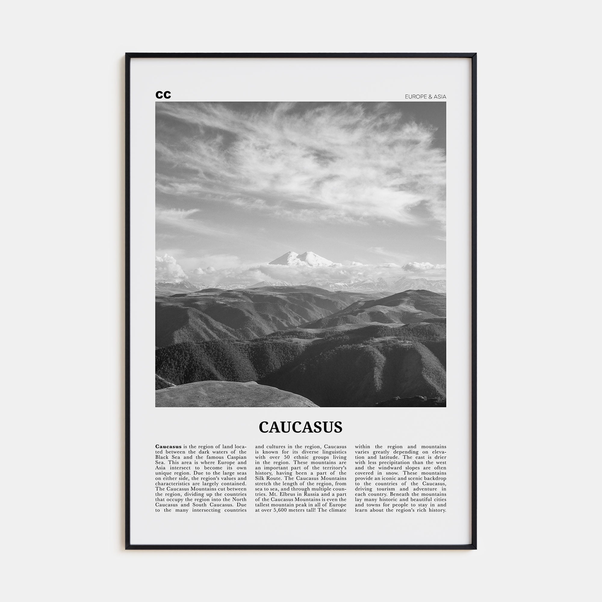 Caucasus Mountains Travel B&W Poster