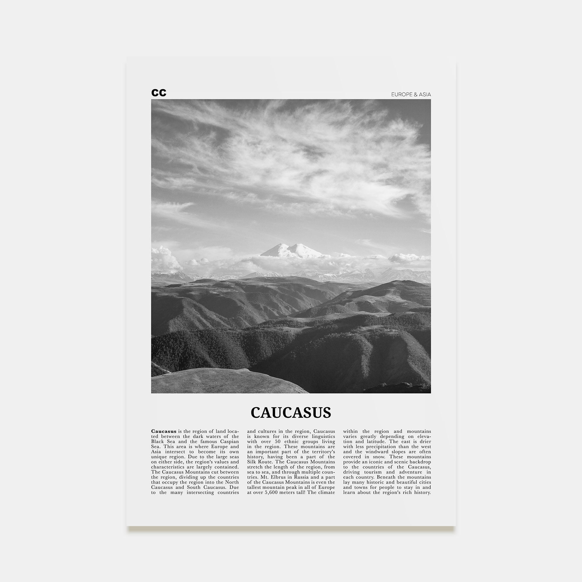 Caucasus Mountains Travel B&W Poster