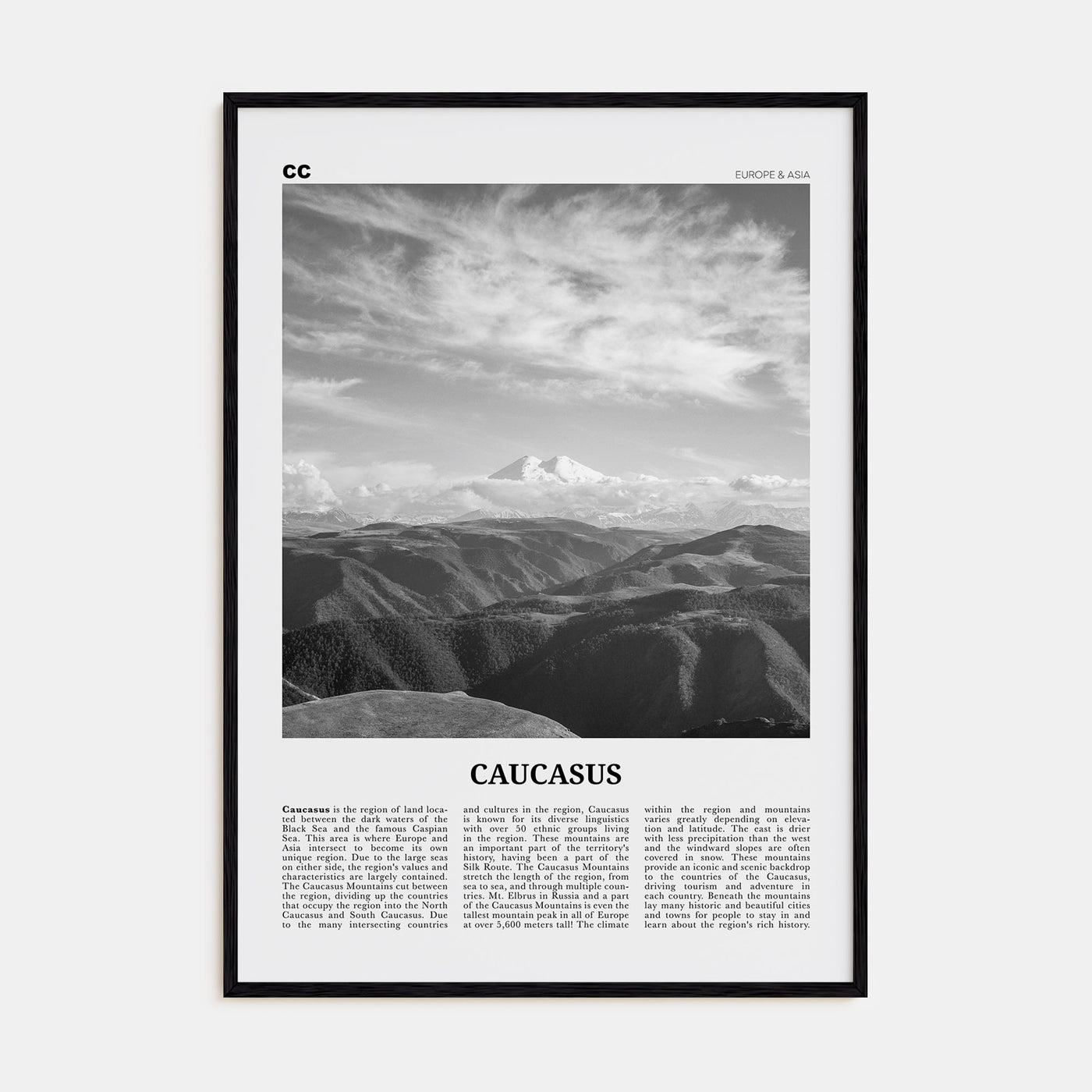 Caucasus Mountains Travel B&W Poster