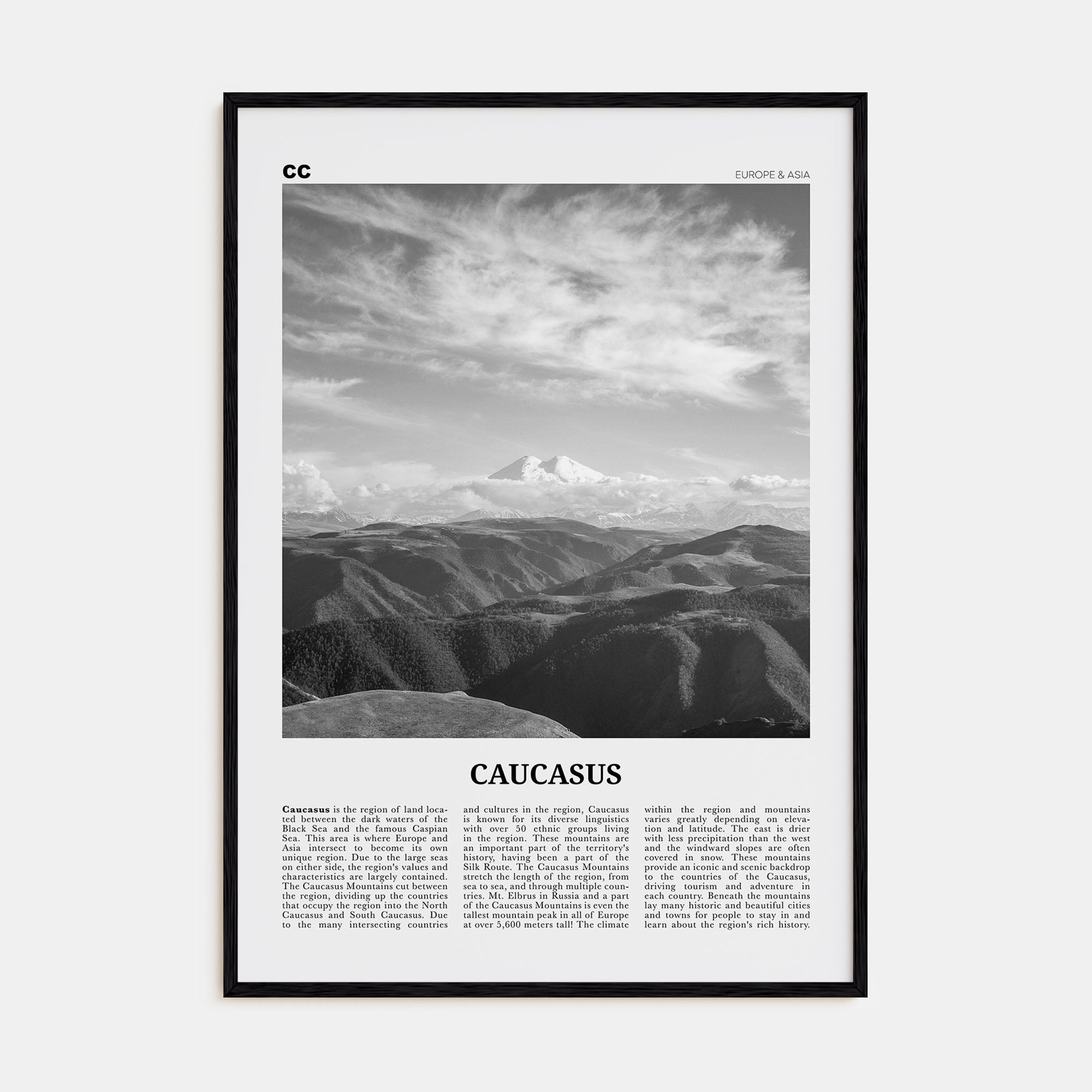 Caucasus Mountains Travel B&W Poster