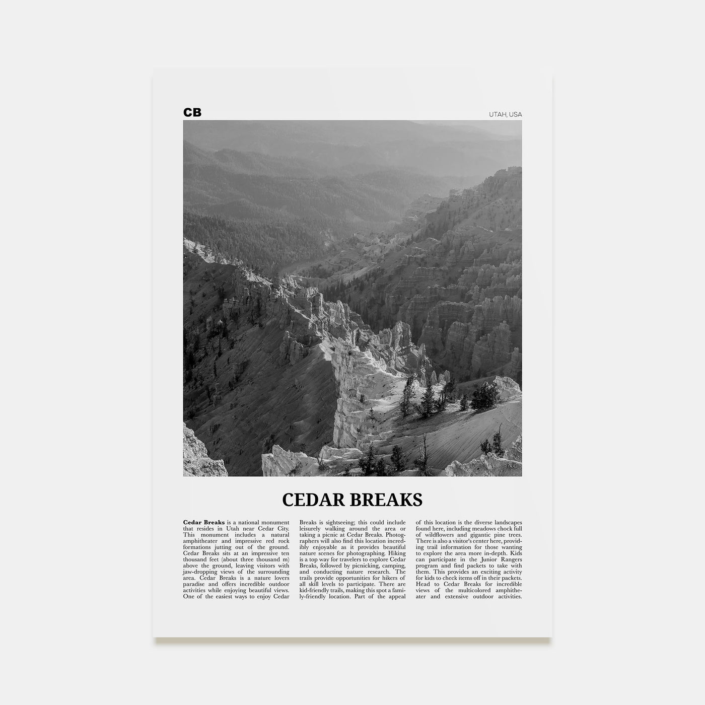 Cedar Breaks National Monument Travel B&W Poster