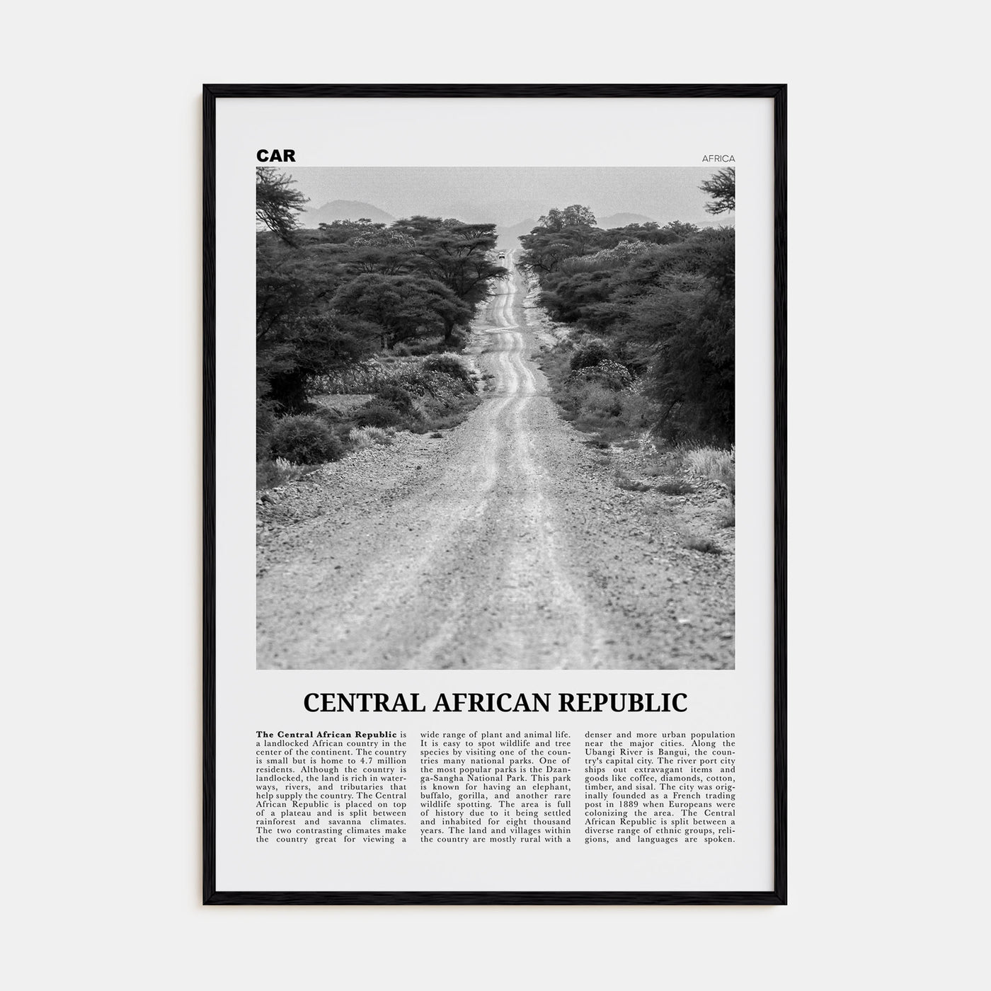 Central African Republic Travel B&W Poster