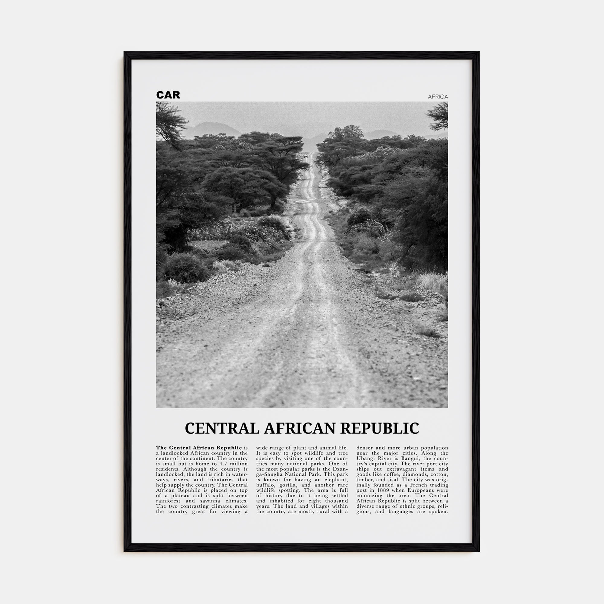 Central African Republic Travel B&W Poster