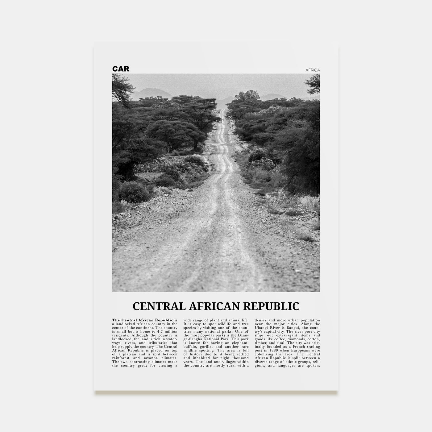 Central African Republic Travel B&W Poster