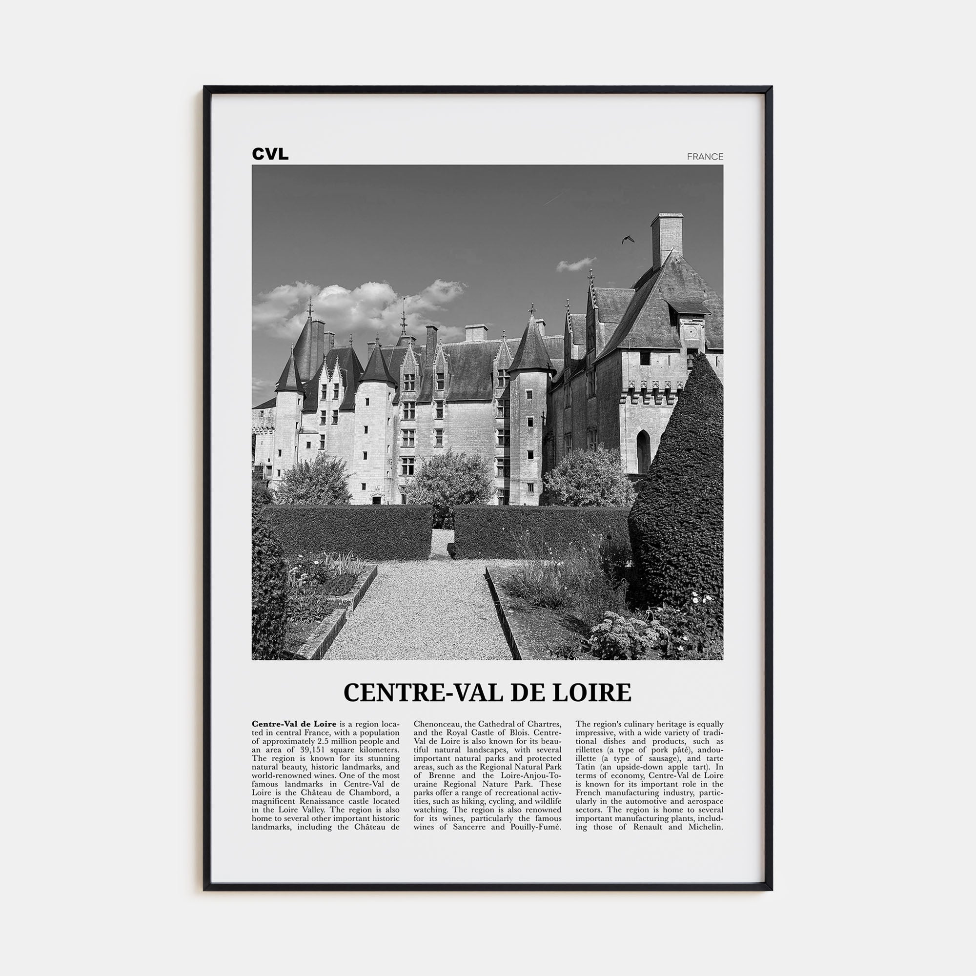 Centre-Val de Loire Travel B&W Poster