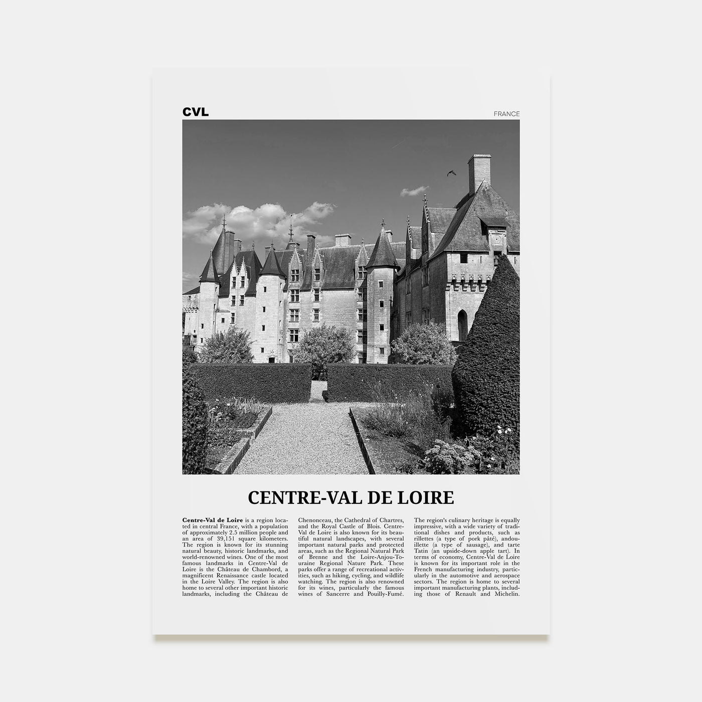 Centre-Val de Loire Travel B&W Poster