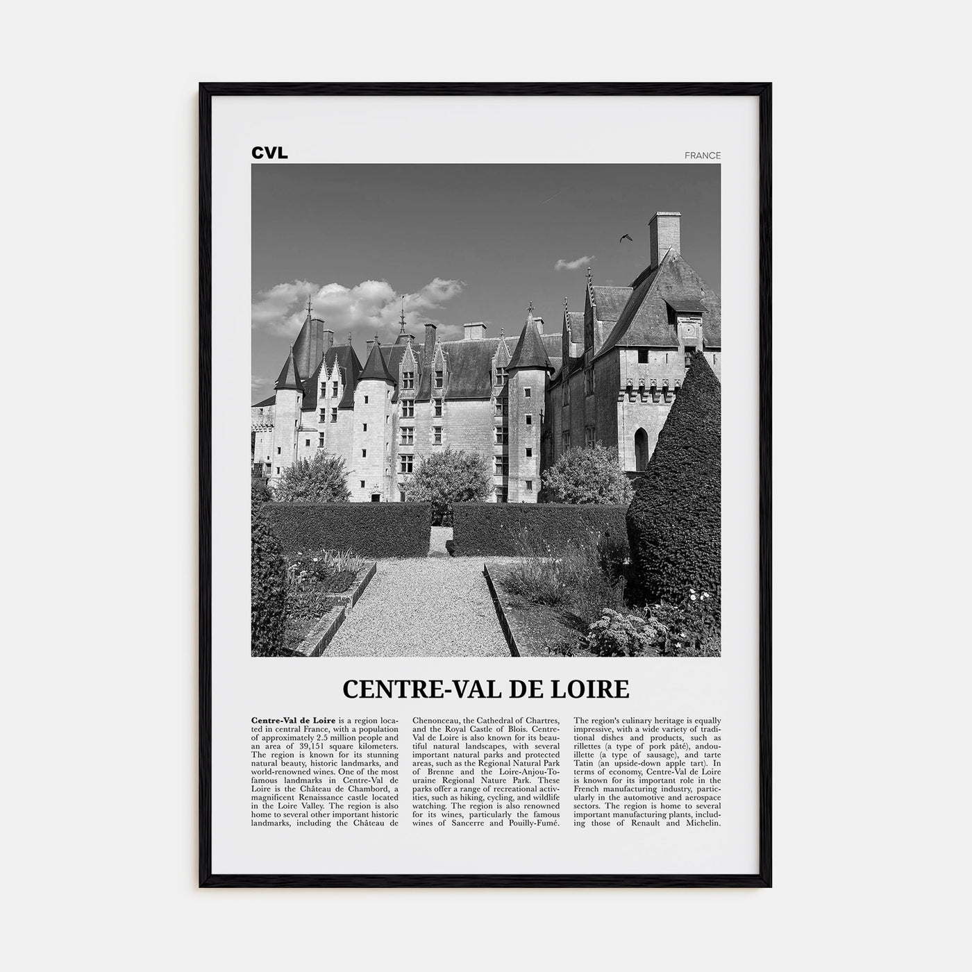Centre-Val de Loire Travel B&W Poster