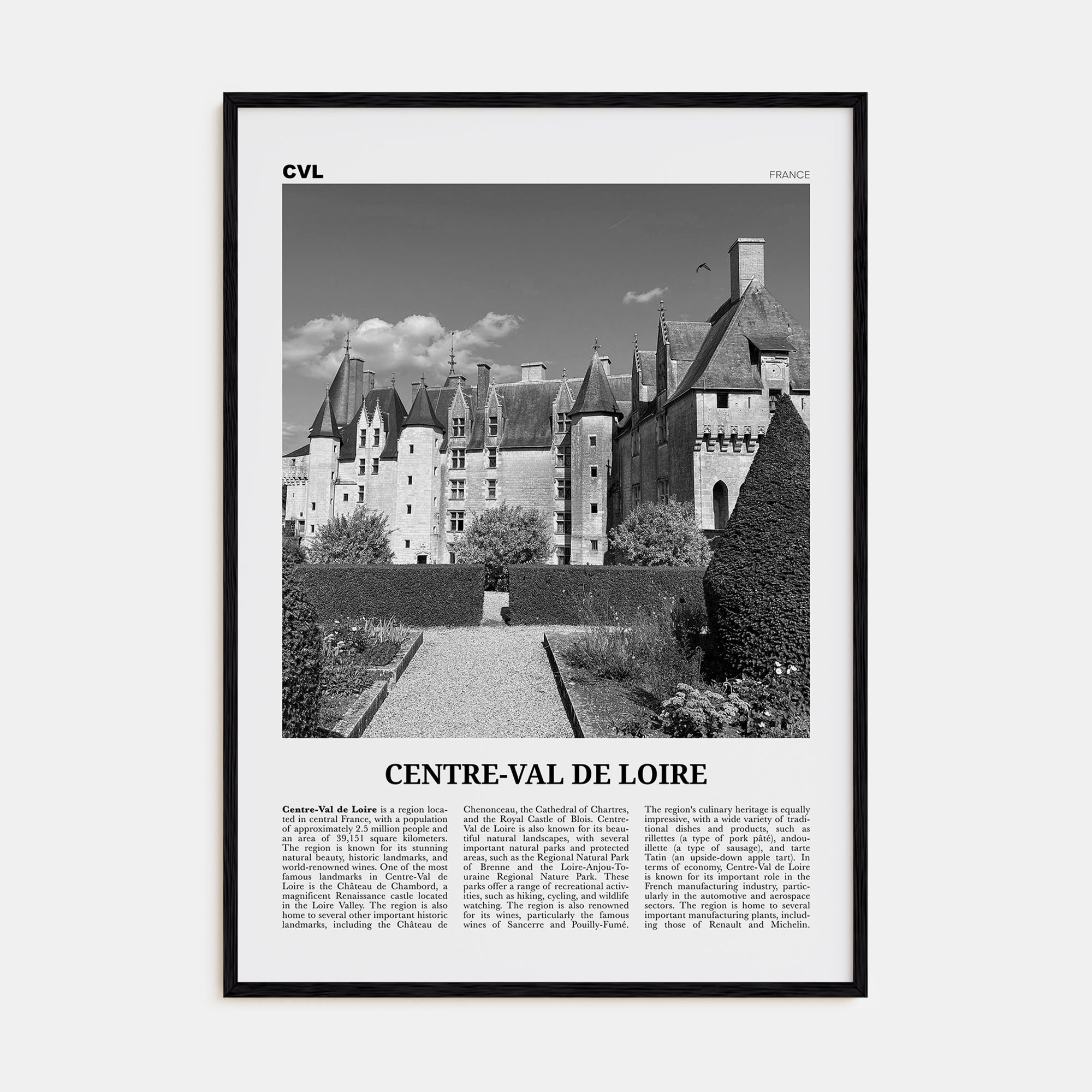 Centre-Val de Loire Travel B&W Poster