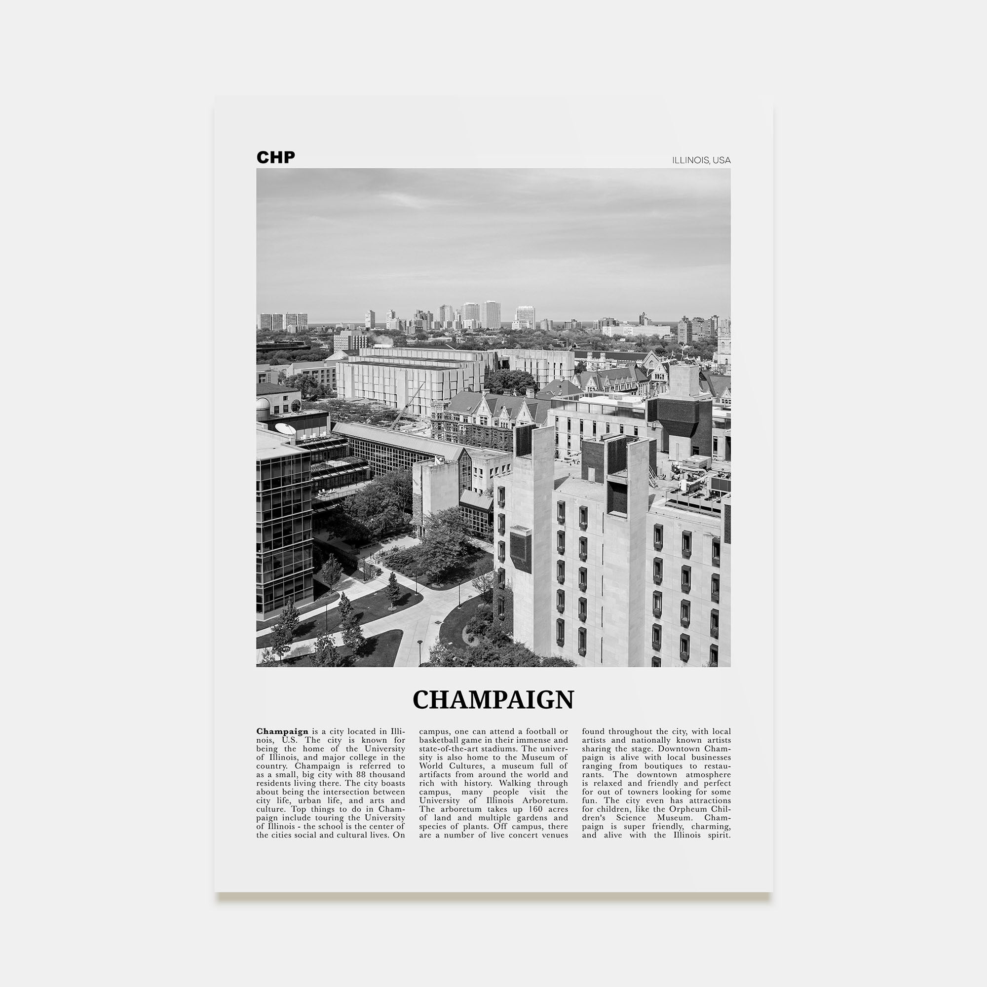 Champaign Travel B&W Poster