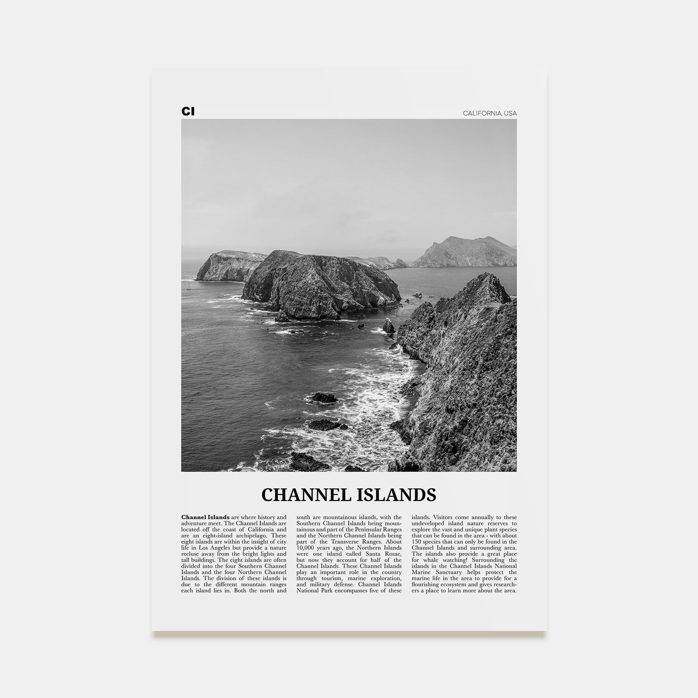 Channel Islands, California Travel B&W Poster