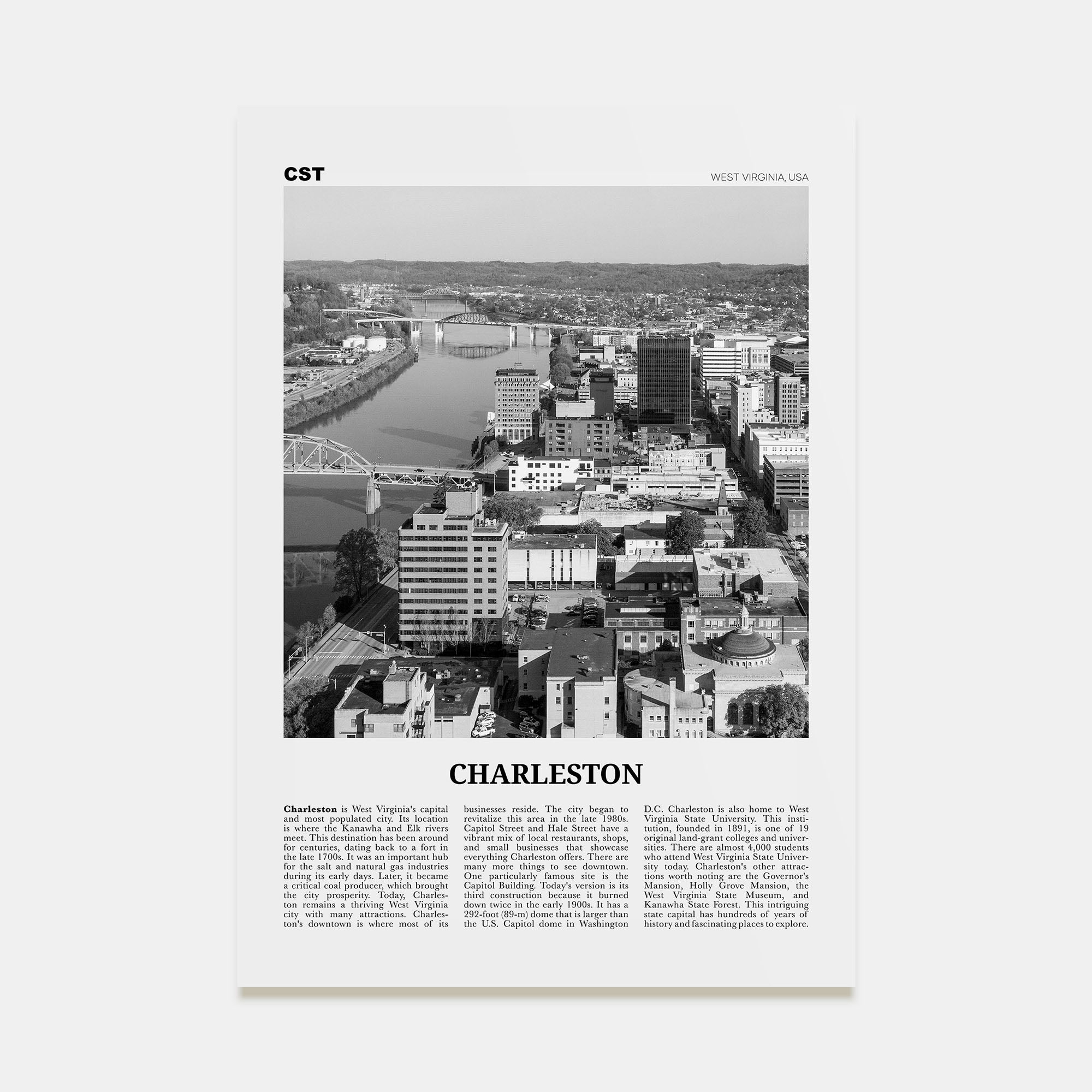 Charleston, West Virginia Travel B&W Poster