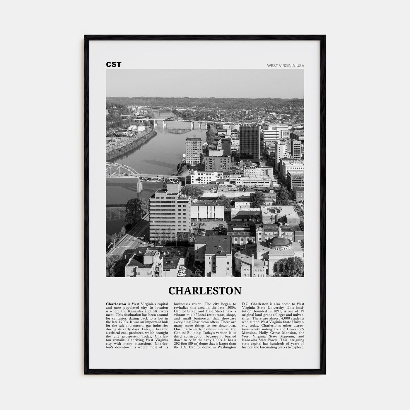 Charleston, West Virginia Travel B&W Poster