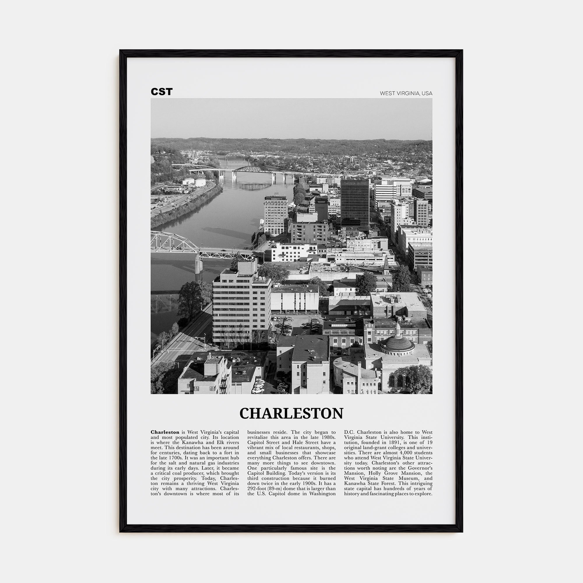 Charleston, West Virginia Travel B&W Poster