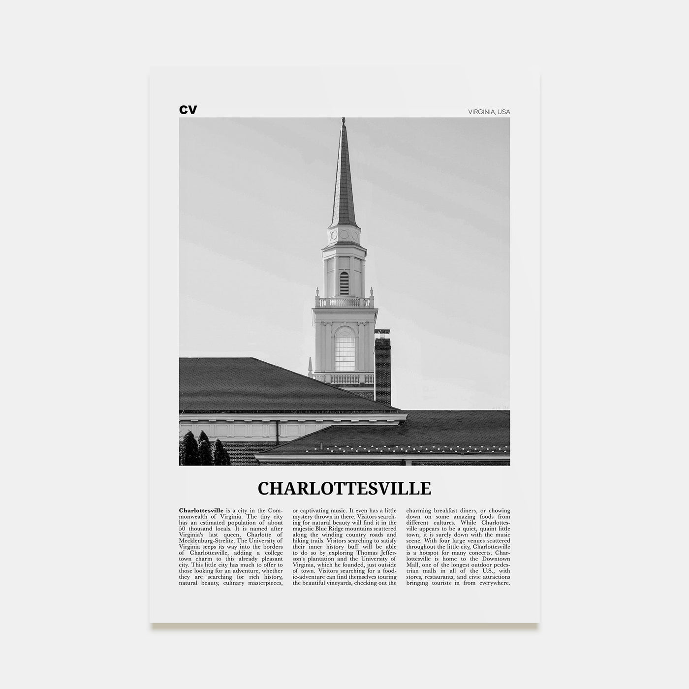 Charlottesville Travel B&W No 1 Poster