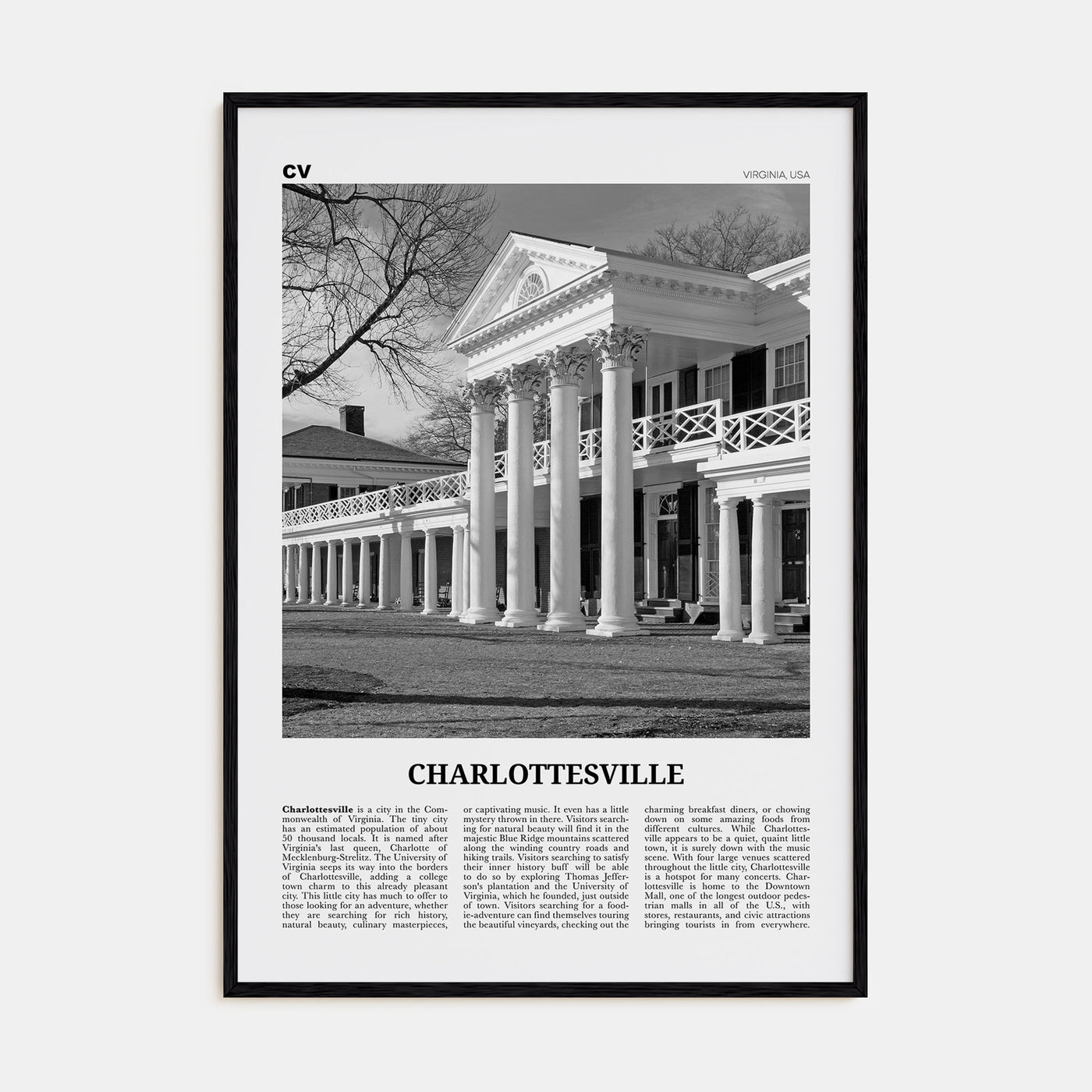 Charlottesville Travel B&W No 2 Poster