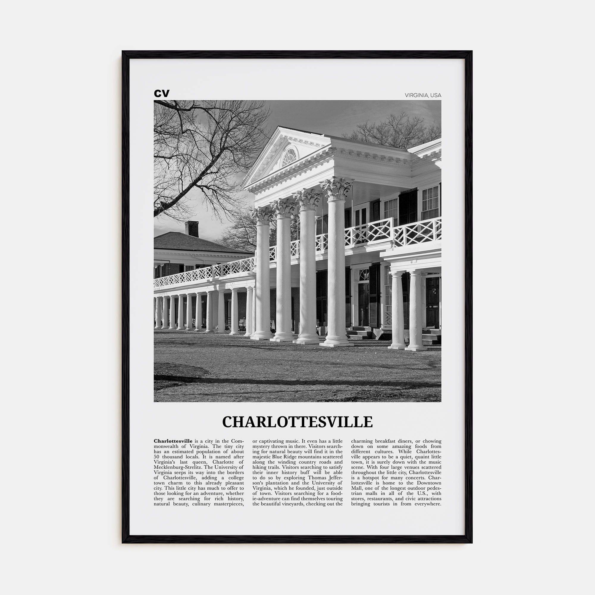 Charlottesville Travel B&W No 2 Poster