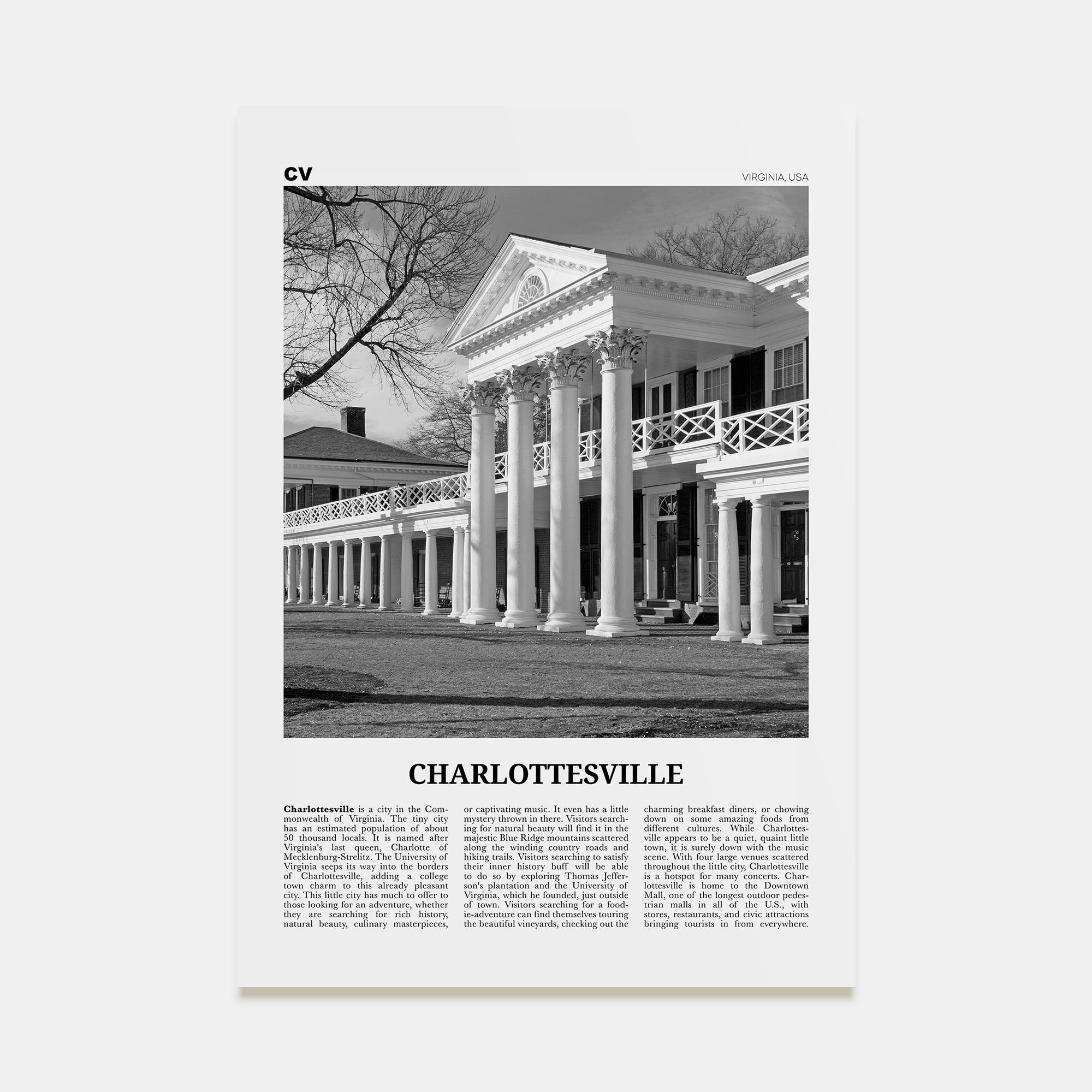 Charlottesville Travel B&W No 2 Poster
