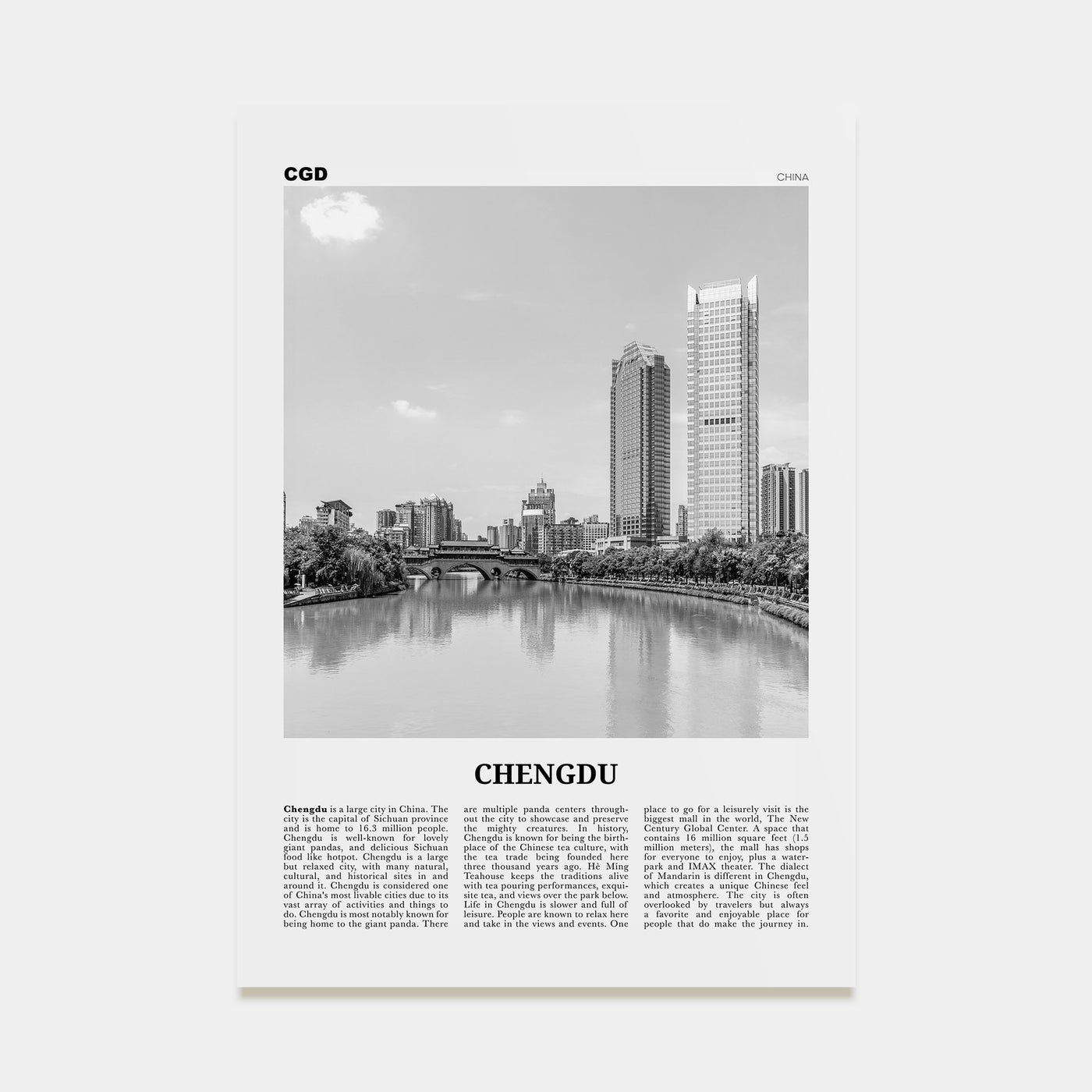 Chengdu Travel B&W Poster