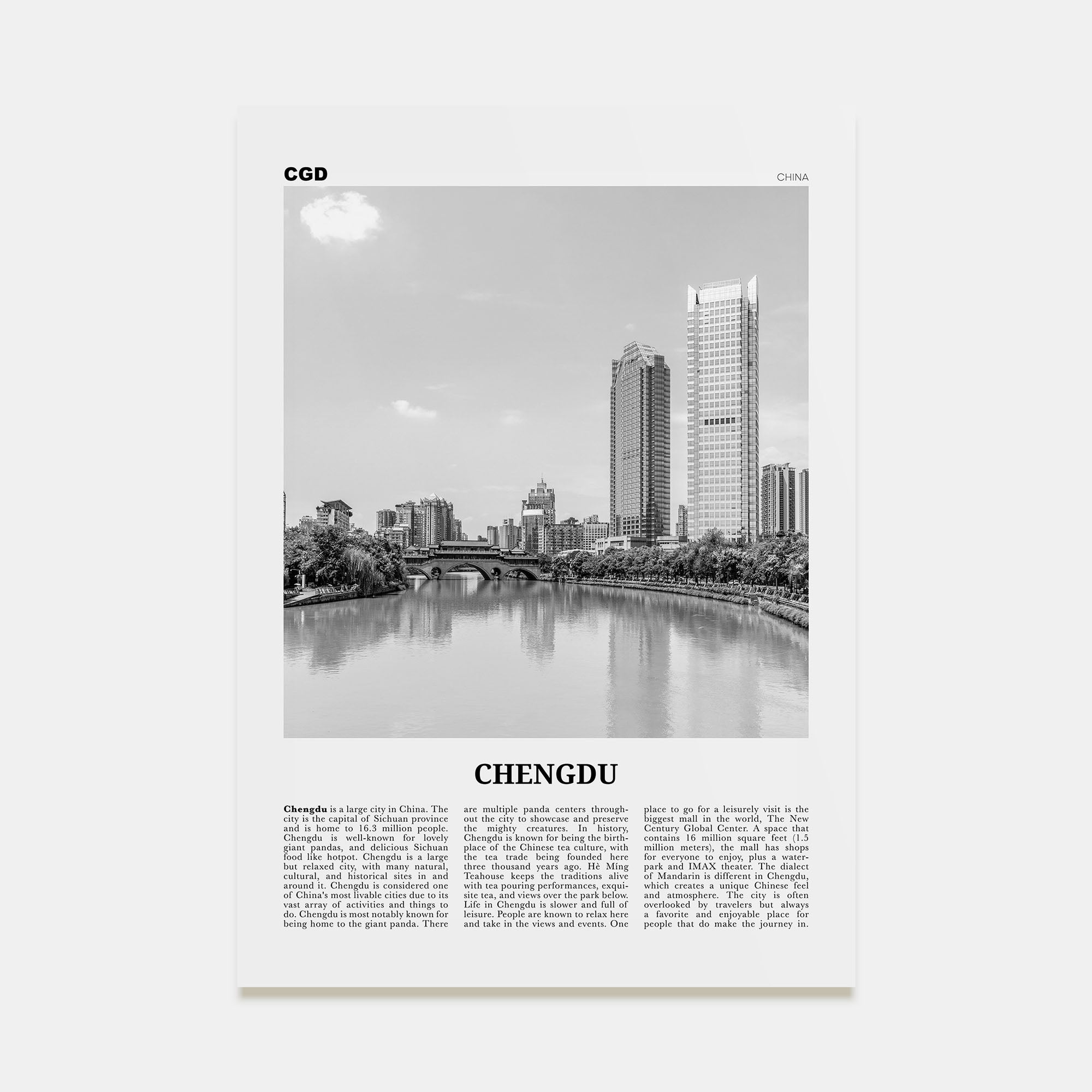 Chengdu Travel B&W Poster