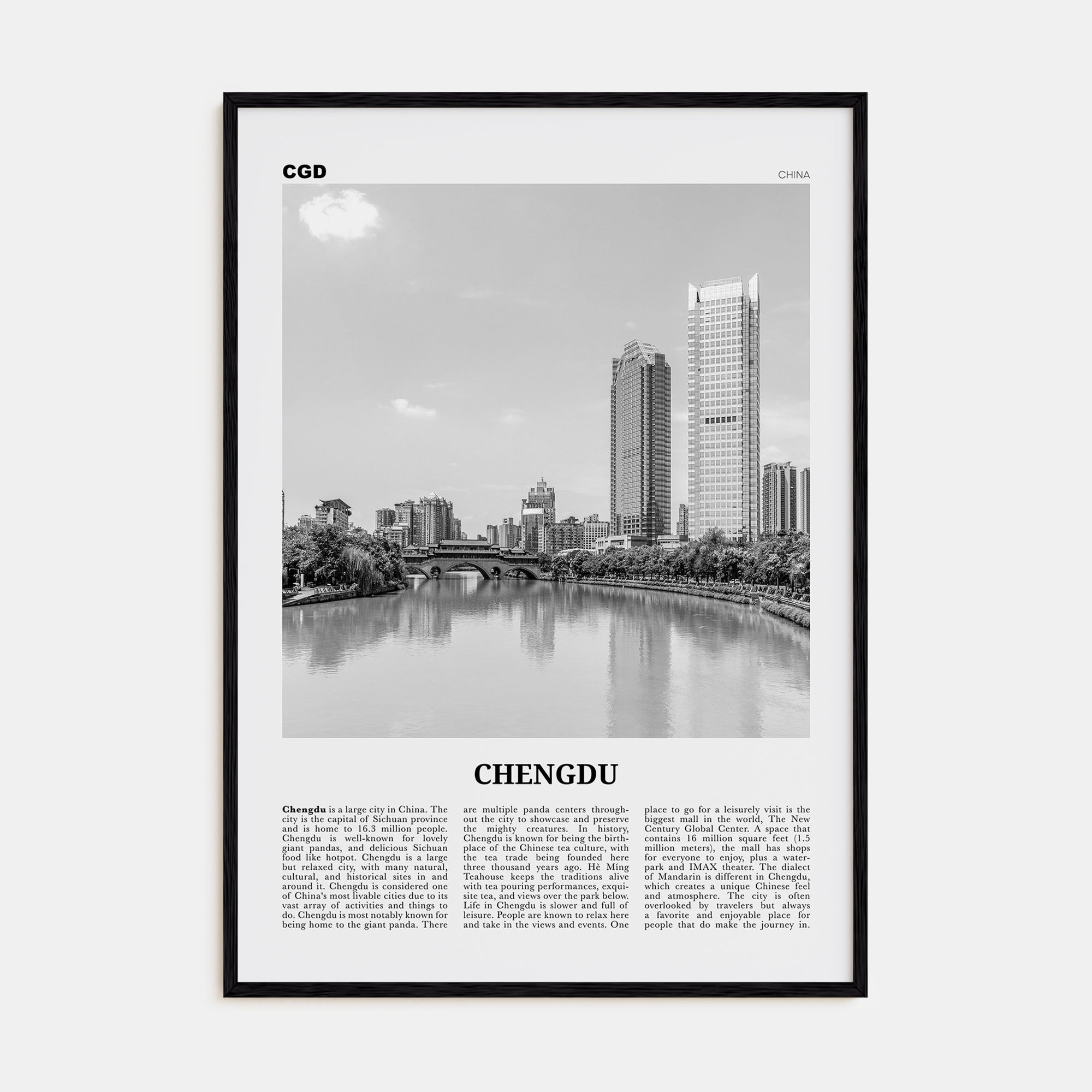 Chengdu Travel B&W Poster