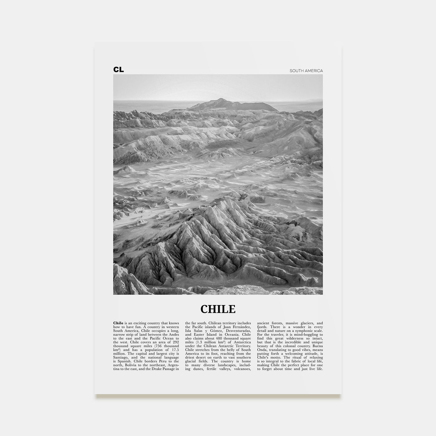 Chile Travel B&W No 2 Poster