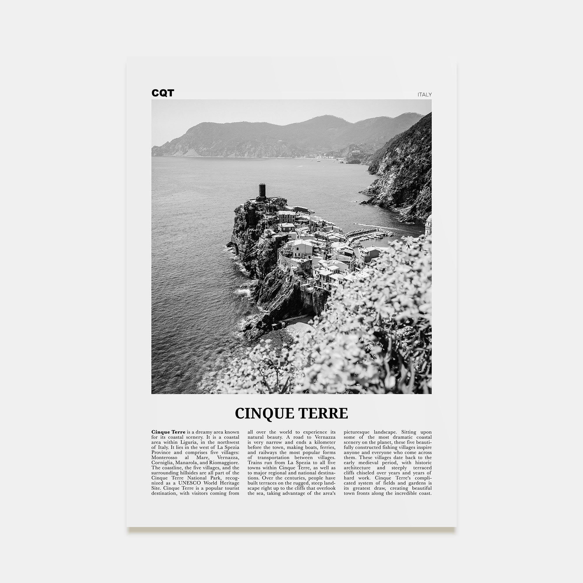 Cinque Terre Travel B&W No 2 Poster