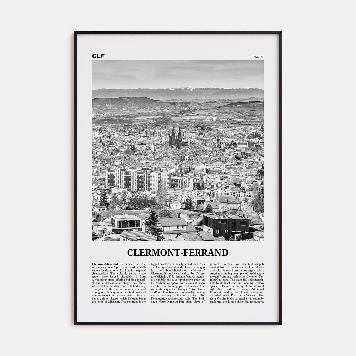 Clermont-Ferrand Travel B&W Poster