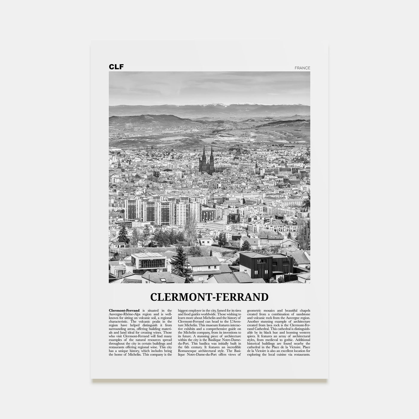 Clermont-Ferrand Travel B&W Poster