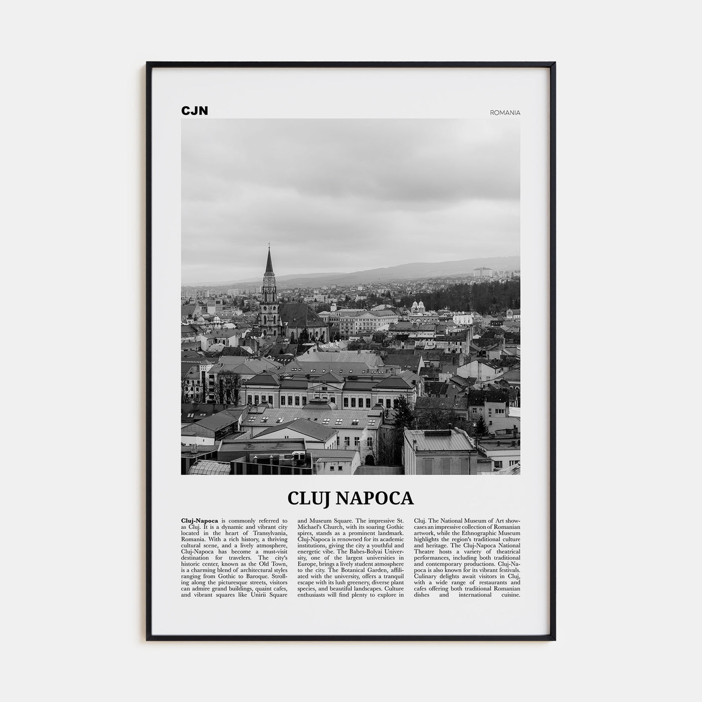 Cluj-Napoca Travel B&W Poster